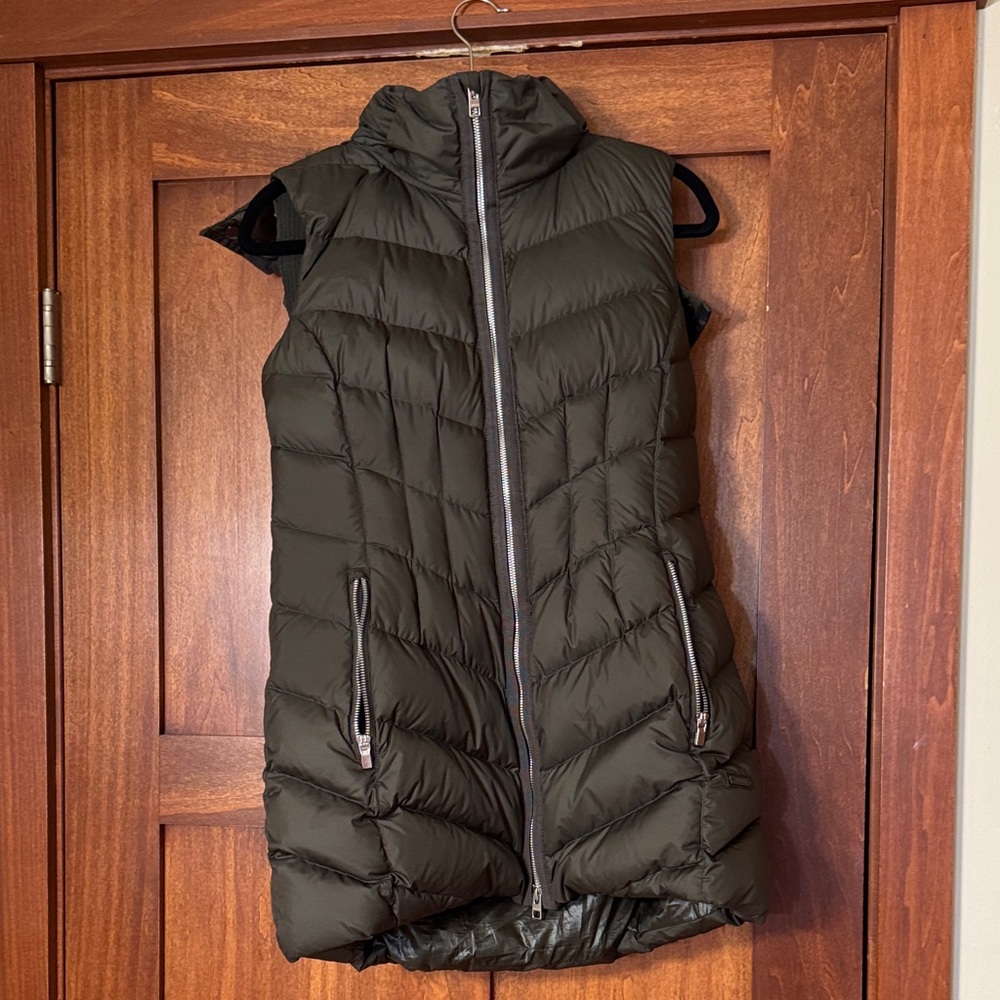 Athleta Olive Green Quilted Puffer Vest with Hooded Collar
